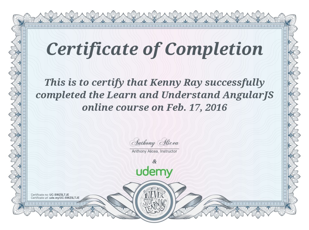 AngularJS certificate of completion